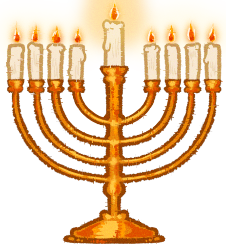 a golden menorah with all nine candles lit.